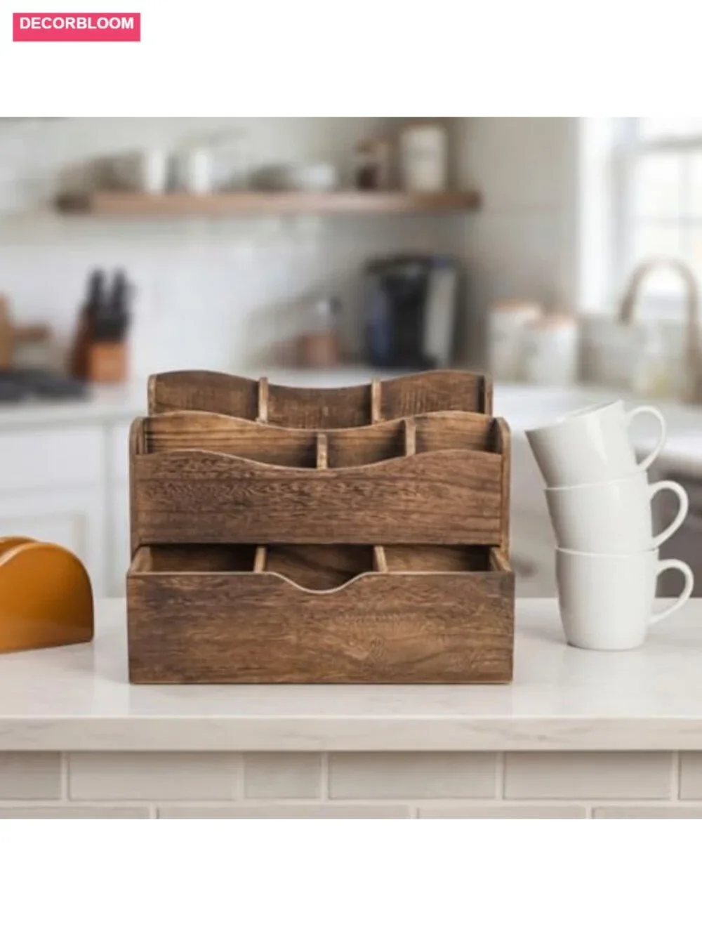 Natural Wood Coffee Station Organizer with Drawer, 6 Compartments